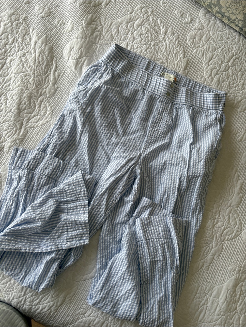 C&C California Light Blue and White Seersucker Ruffle Hem Kids Shorts